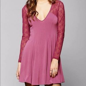 Urban Outfitters Mauve Wine Lace Back Long Sleeve Skater Dress